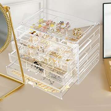 Weiai Acrylic Jewelry Box, 72 Grids Clear Jewelry Organizer with Adjustable Dividers, Large Capacity Earring Ring Gift Boxes