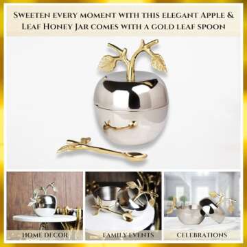 Apple & Leaf Honey Dish, Jar, Jam Server & with Dipper Spoon Ideal for Serving Honey, Jams, Jellies, Gorgeous Gold Leaf Spoon, Stainless Steel Silver & Brass, Rosh Hashanah & any Occasion