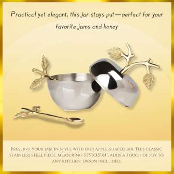 Apple & Leaf Honey Dish, Jar, Jam Server & with Dipper Spoon Ideal for Serving Honey, Jams, Jellies, Gorgeous Gold Leaf Spoon, Stainless Steel Silver & Brass, Rosh Hashanah & any Occasion