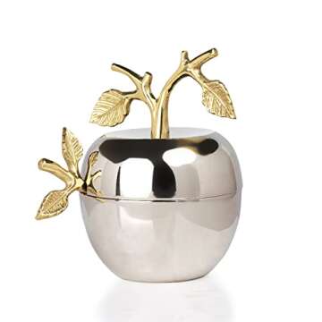Apple & Leaf Honey Dish, Jar, Jam Server & with Dipper Spoon Ideal for Serving Honey, Jams, Jellies, Gorgeous Gold Leaf Spoon, Stainless Steel Silver & Brass, Rosh Hashanah & any Occasion