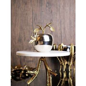 Apple & Leaf Honey Dish, Jar, Jam Server & with Dipper Spoon Ideal for Serving Honey, Jams, Jellies, Gorgeous Gold Leaf Spoon, Stainless Steel Silver & Brass, Rosh Hashanah & any Occasion