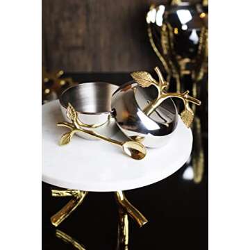 Apple & Leaf Honey Dish, Jar, Jam Server & with Dipper Spoon Ideal for Serving Honey, Jams, Jellies, Gorgeous Gold Leaf Spoon, Stainless Steel Silver & Brass, Rosh Hashanah & any Occasion