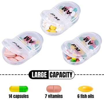 6 Pack Pill Organizer Pocket Small Case Holder Am Pm Pill Case Portable Two Compartment Round Travel 2 Times a Day for Vitamin Medication Supplement(Clear)
