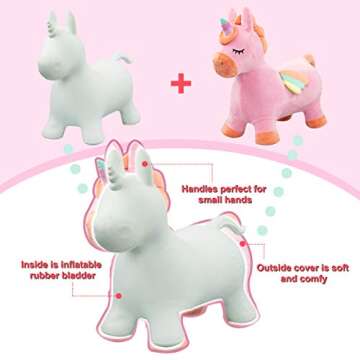 EVERICH TOY Bouncy Horse Unicorn Toys, Inflatable Bouncing Animal Hopping Toys, Outdoor Indoor Ride on Bouncer, Boys Girls Birthday Gift for 18 Month 2 3 4 5 6 Year Old Kid- Plush Unicorn Toy