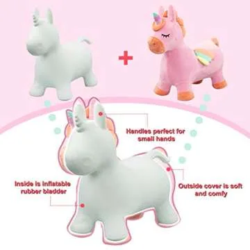 EVERICH TOY Bouncy Horse Unicorn Toys, Inflatable Bouncing Animal Hopping Toys, Outdoor Indoor Ride on Bouncer, Boys Girls Birthday Gift for 18 Month 2 3 4 5 6 Year Old Kid- Plush Unicorn Toy