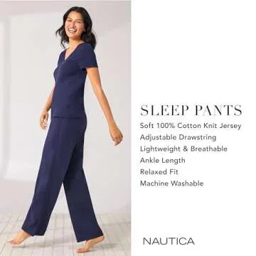Nautica Womens Sleep Pants - Long Length, Breathable Pajama Bottoms - Cotton Knit Jersey Sleepwear and Loungewear - Heather Blue, Small