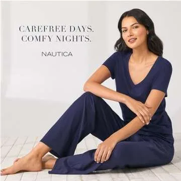 Nautica Womens Sleep Pants - Long Length, Breathable Pajama Bottoms - Cotton Knit Jersey Sleepwear and Loungewear - Heather Blue, Small