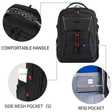KROSER Travel Laptop Backpack 18.4 inch XXXL Computer Backpack Stylish College Backpack with RFID Pockets USB Charging Port REFLECTIVE STRIPS Water-Repellent Day pack for Business/Men