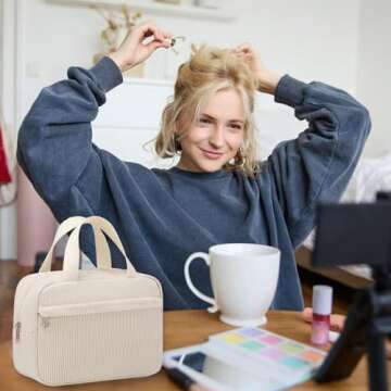 Makeup Bag for Women Girls Cute Corduroy Travel Cosmetic Tote Large Make Up Organizer Toiletry Bags Zipper Pouch Purse