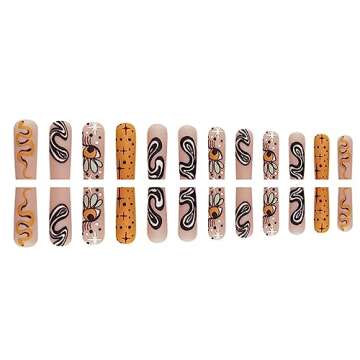 24pcs/Set Long Press on Nails Coffin Fake Graffiti Flower Full Cover Glue Eye Stars Acrylic with Striped French Designs for Spring Summer DIY Manicure Accessories Ballerina Press on False Nail