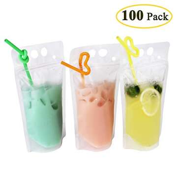 Belinlen 100 Pack Clear Drink Pouches with Straws for Events and Snacks