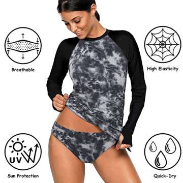 REKITA Rash Guard Long Sleeve for Women Swimsuit Bathing Suit with Bottom Swim Shirts Color Block Print Tankini