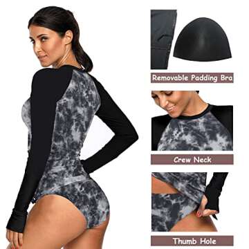 REKITA Rash Guard Long Sleeve for Women Swimsuit Bathing Suit with Bottom Swim Shirts Color Block Print Tankini