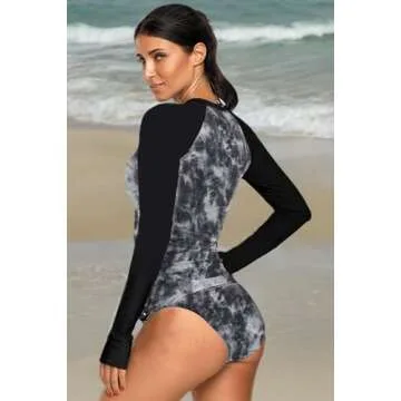 REKITA Rash Guard Long Sleeve for Women Swimsuit Bathing Suit with Bottom Swim Shirts Color Block Print Tankini