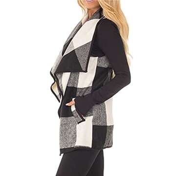 YACUN Women Buffalo Plaid Vest Lapel Open Front Sleeveless Jacket Outerwear Cardigan with Pockets Black M