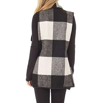 YACUN Women Buffalo Plaid Vest Lapel Open Front Sleeveless Jacket Outerwear Cardigan with Pockets Black M