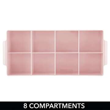 mDesign Plastic Divided Makeup Organizer Holder Tray for Bathroom Drawer, Vanity, Countertop Storage - Cosmetic Organization Holds Brushes - 8 Compartments - Lumiere Collection - Light Pink