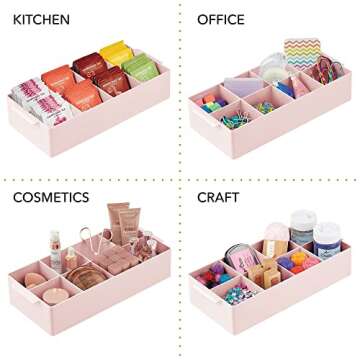 mDesign Plastic Divided Makeup Organizer Holder Tray for Bathroom Drawer, Vanity, Countertop Storage - Cosmetic Organization Holds Brushes - 8 Compartments - Lumiere Collection - Light Pink