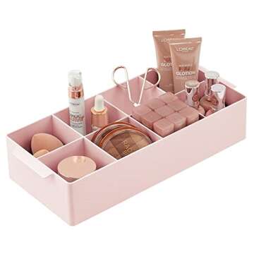mDesign Plastic Divided Makeup Organizer Holder Tray for Bathroom Drawer, Vanity, Countertop Storage - Cosmetic Organization Holds Brushes - 8 Compartments - Lumiere Collection - Light Pink