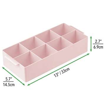 mDesign Plastic Divided Makeup Organizer Holder Tray for Bathroom Drawer, Vanity, Countertop Storage - Cosmetic Organization Holds Brushes - 8 Compartments - Lumiere Collection - Light Pink