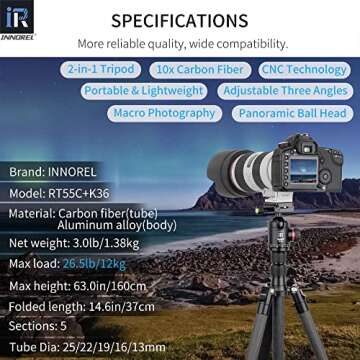 10 Layers Carbon Fiber Travel Tripod Monopod-INNOREL RT55C with 36mm Panoramic Ball Head 360 Degree ...