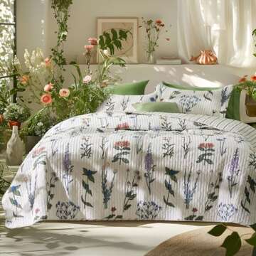 Bedsure Floral White Quilt Set - King Size Reversible Quilt Bedding Set, 3 Pieces Lightweight Bedspr...