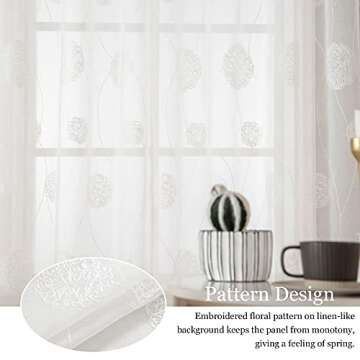 MIULEE White Sheer Curtains with Floral Design Embroidered for Living Room Bedroom 2 Panels of 84 inches Long Boho Curtain Drapes for Light Filtering Grommet Top