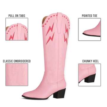 Synchoiss Womens Cowboy Boots Chunky Heel Pink Cowgirl Boots Classic Embroidered Pointed Toe Knee Hi...