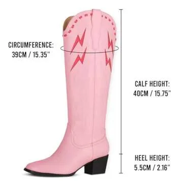 Synchoiss Womens Cowboy Boots Chunky Heel Pink Cowgirl Boots Classic Embroidered Pointed Toe Knee High Western Boots Wide Calf Rubber Sole Tall Boots Pull on Size 8