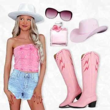 Synchoiss Womens Cowboy Boots Chunky Heel Pink Cowgirl Boots Classic Embroidered Pointed Toe Knee High Western Boots Wide Calf Rubber Sole Tall Boots Pull on Size 8