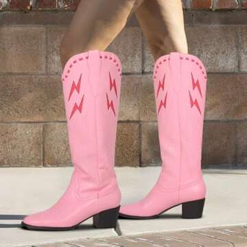Synchoiss Womens Cowboy Boots Chunky Heel Pink Cowgirl Boots Classic Embroidered Pointed Toe Knee High Western Boots Wide Calf Rubber Sole Tall Boots Pull on Size 8