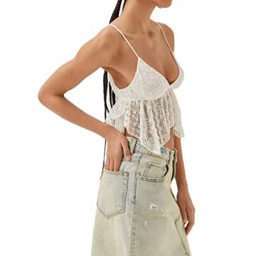 Women Backless Crop Top Y2k Spaghetti Straps Halter Tie Back Cami Tops Summer Camisole Going Out Tops Lace-White