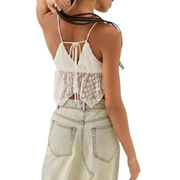 Women Backless Crop Top Y2k Spaghetti Straps Halter Tie Back Cami Tops Summer Camisole Going Out Tops Lace-White