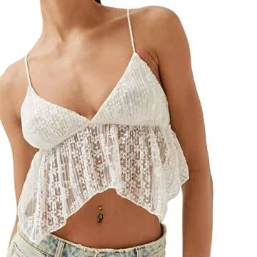 Women Backless Crop Top Y2k Spaghetti Straps Halter Tie Back Cami Tops Summer Camisole Going Out Tops Lace-White
