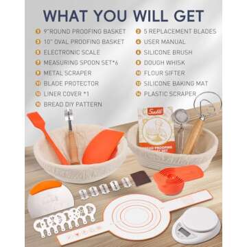30-Pcs Sourdough Bread Baking Supplies - Sourdough Starter Kit | Including 9 inch Round and 10 inch Oval Banneton Proofing Basket，Precision Measuring Spoons，Electronic scales