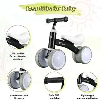 HAWEEK Baby Balance Bike Cute Toys for 1 Year Old Boy and Girl 12-24 Months Toddler Bike Baby Walker Riding Gifts for Boys Girls No Pedal Infant 4 Wheels Baby's First Birthday Gift (Black)