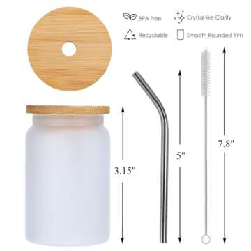 Lsqoop Mini Drinking Glasses 6pcs Set - 3.5oz Small Shot Can Glass with Straw Brushes and Bamboo Lids Cute Mini Coffee Glass Funny Gifts Idea for Cocktail, Whiskey,Kids Drinks (Frosted)