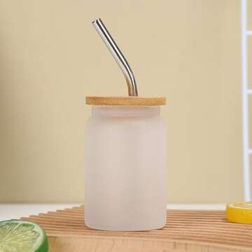 Lsqoop Mini Drinking Glasses 6pcs Set - 3.5oz Small Shot Can Glass with Straw Brushes and Bamboo Lids Cute Mini Coffee Glass Funny Gifts Idea for Cocktail, Whiskey,Kids Drinks (Frosted)