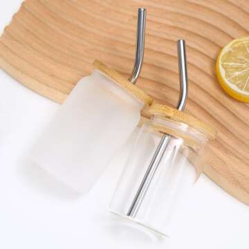 Lsqoop Mini Drinking Glasses 6pcs Set - 3.5oz Small Shot Can Glass with Straw Brushes and Bamboo Lids Cute Mini Coffee Glass Funny Gifts Idea for Cocktail, Whiskey,Kids Drinks (Frosted)