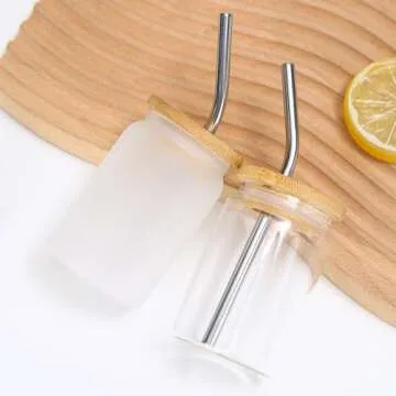 Lsqoop Mini Drinking Glasses 6pcs Set - 3.5oz Small Shot Can Glass with Straw Brushes and Bamboo Lids Cute Mini Coffee Glass Funny Gifts Idea for Cocktail, Whiskey,Kids Drinks (Frosted)