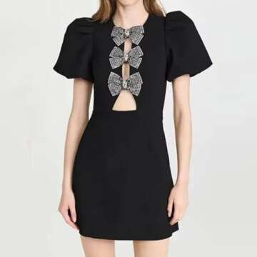 HGps8w Business Mini Dresses for Women - Bow Cutout Front Puff Short Sleeve Elegant Cocktail Party H...