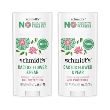 Schmidt's Aluminum-Free Vegan Deodorant Cactus Flower & Pear with 24-Hour Odor Protection, 2 Count f...