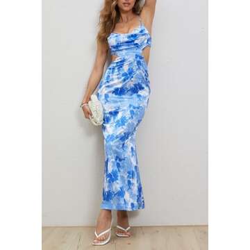Milumia Women's Floral Cut Out Backless Dress Ruched Sleeveless Long Cocktail Party Dresses