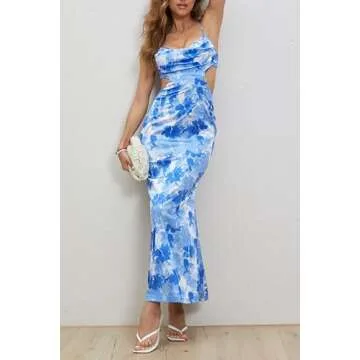 Milumia Women's Floral Cut Out Backless Dress Ruched Sleeveless Long Cocktail Party Dresses