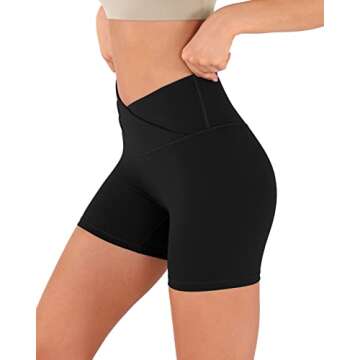 ODODOS Women's 5" Crossover Yoga Shorts with Inner Pocket, High Waist Sports Athletic Workout Running Biker Shorts, Black, Medium