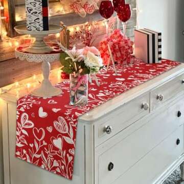 Heirloom Haven Valentine’s Day Red Heart Love Plant Table Runner 13x72 Inch , Holiday Kitchen Dining Tabletop Runners for Home Indoor Farmhouse Decoration