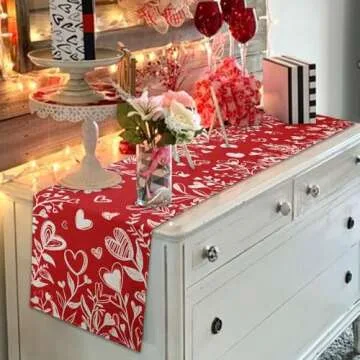 Heirloom Haven Valentine’s Day Red Heart Love Plant Table Runner 13x72 Inch , Holiday Kitchen Dining Tabletop Runners for Home Indoor Farmhouse Decoration