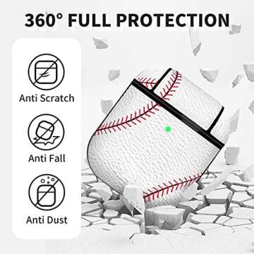 MOLOVA Case for Airpods 1&2 Case,Front LED Visible,PC Plastic Inner + PU Vegan Leather Pattern Skin Cute Funny Cool Skin Fashion Stylish Cover Shock Proof with Keychain for Boys Girls Teens (Baseball)