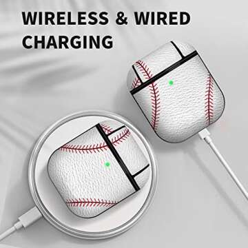 MOLOVA Case for Airpods 1&2 Case,Front LED Visible,PC Plastic Inner + PU Vegan Leather Pattern Skin Cute Funny Cool Skin Fashion Stylish Cover Shock Proof with Keychain for Boys Girls Teens (Baseball)