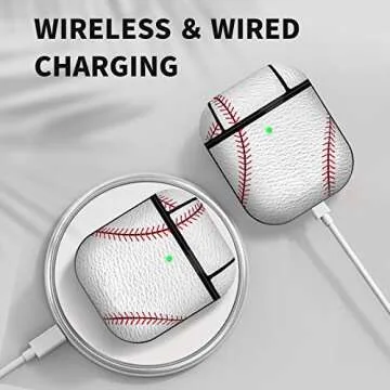 MOLOVA Case for Airpods 1&2 Case,Front LED Visible,PC Plastic Inner + PU Vegan Leather Pattern Skin Cute Funny Cool Skin Fashion Stylish Cover Shock Proof with Keychain for Boys Girls Teens (Baseball)